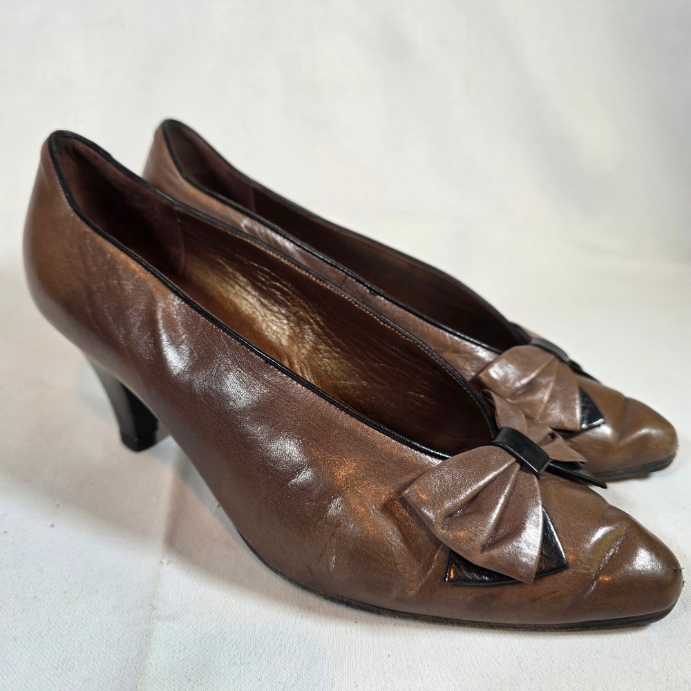 Vintage 1980s Peter Kaiser Brown Leather‎ Bow Pumps West Germany Heels Womens 7M
